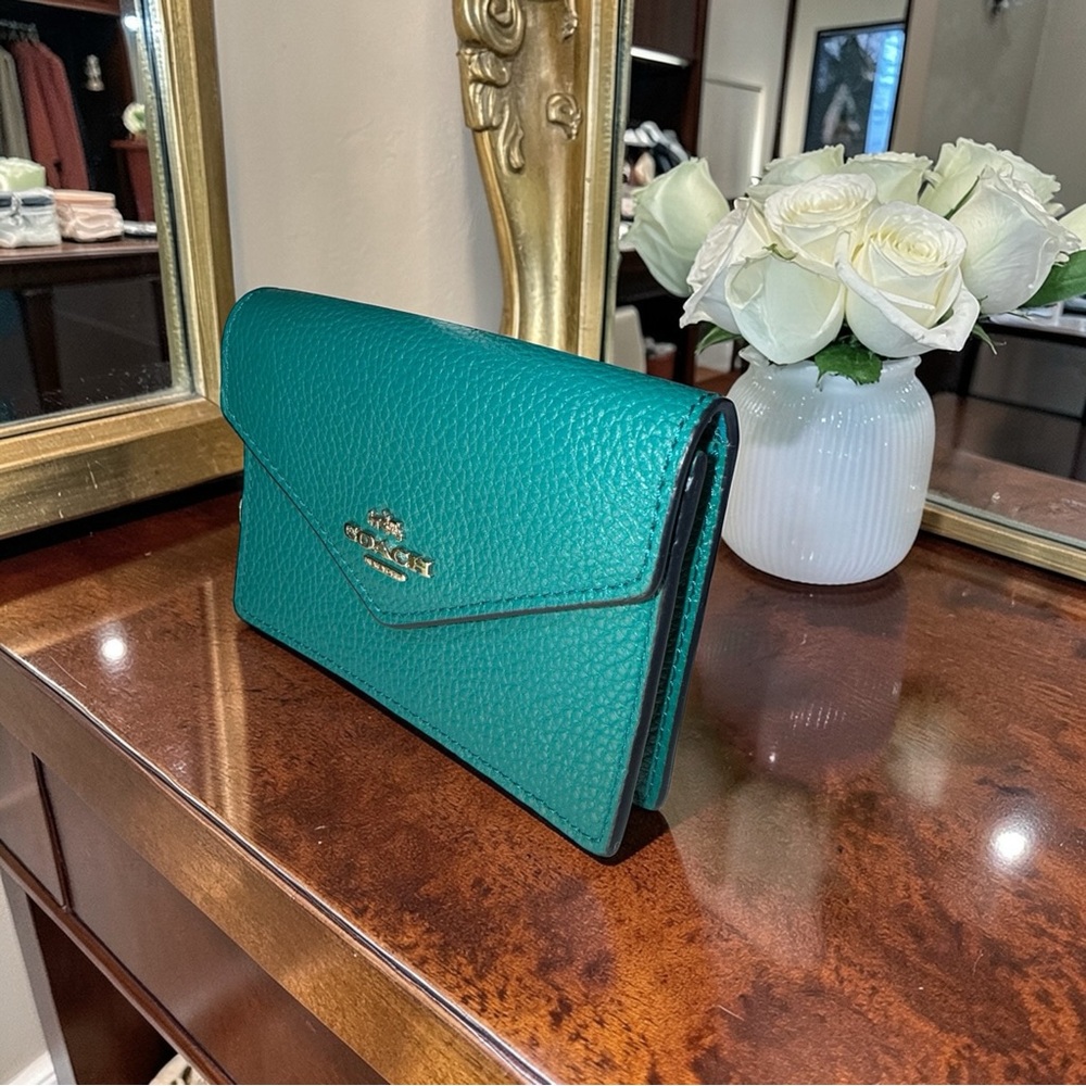 Coach Pebbled Leather Envelope Snap Wallet / Card Case – Teal Green 🩵 - Picture 3 of 10